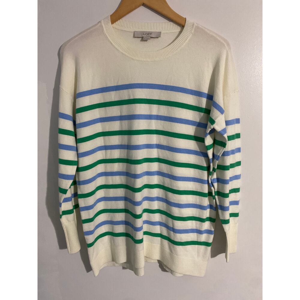 Loft oversized sweater women’s size XS cream blue green stripes soft cozy